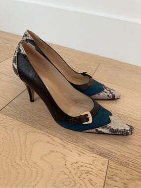 RAMON TENZA Leather Heels Snakeskin Colour Block Rhinestone Buckle Pointy Toe 8M